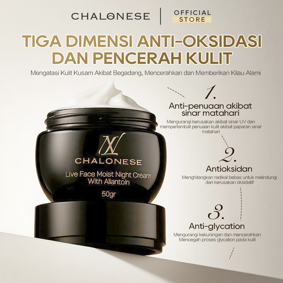 [CHALONESE] MOISTURIZING NIGHT CREAM 50gr Dapat Membantu Kult Lebih Sehat dan Cerah dengan Perawatan di Malam Hari BPOM