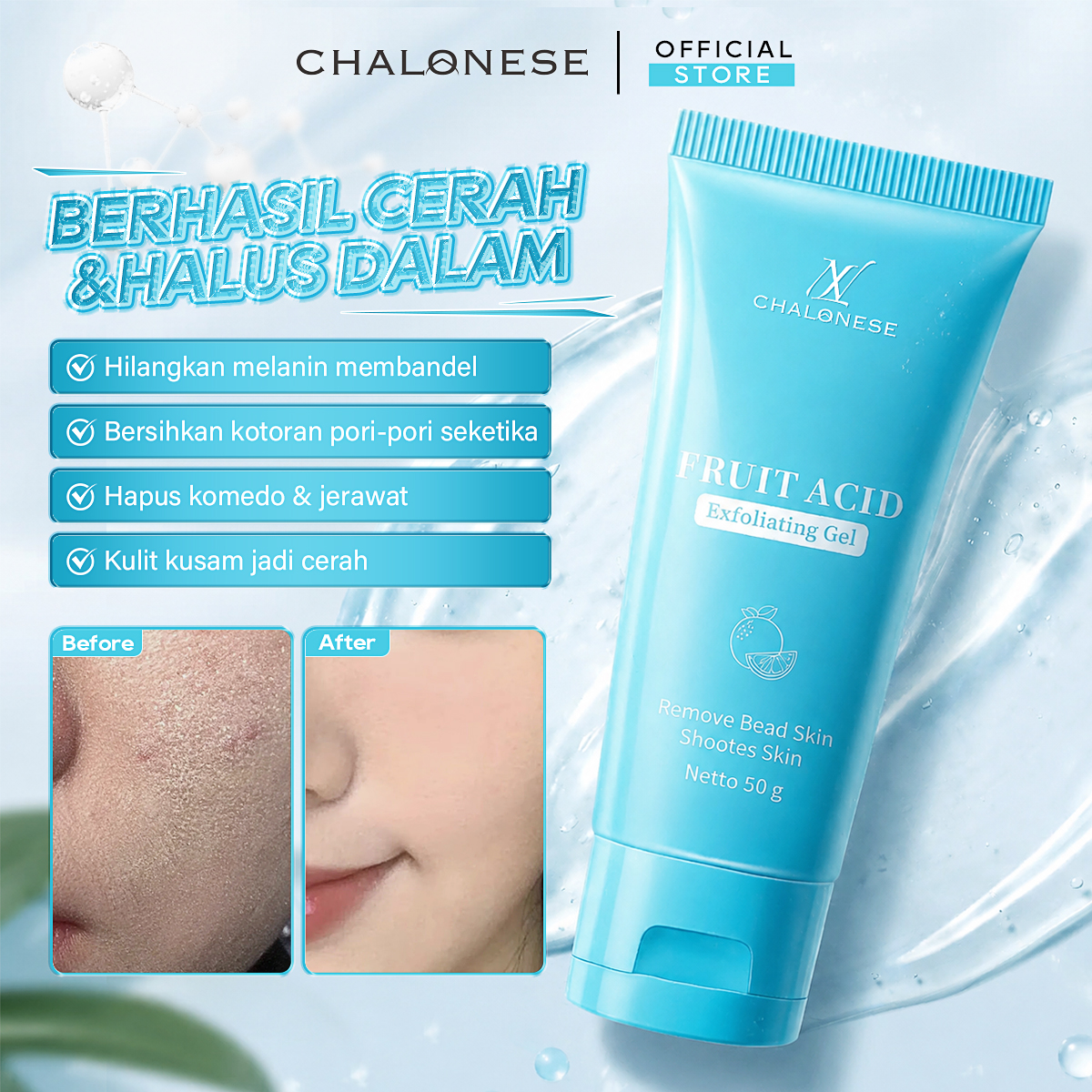 [CHALONESE] Exfoliating Gel Mengangkat Sel Kulit Mati Dan Kotoran Secara Mendalam Dengan Pijatan Lembut Ke Seluruh Area Wajah Sehingga Kulit Tampak Lebih Halus Dan Cerah
