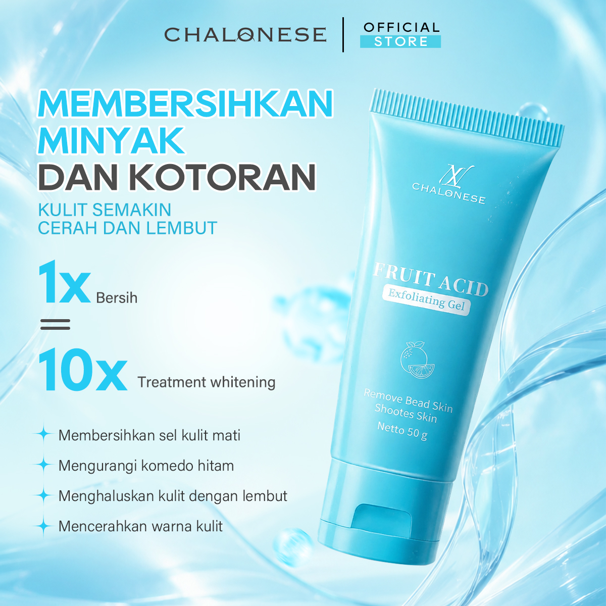 [CHALONESE] Exfoliating Gel Mengangkat Sel Kulit Mati Dan Kotoran Secara Mendalam Dengan Pijatan Lembut Ke Seluruh Area Wajah Sehingga Kulit Tampak Lebih Halus Dan Cerah