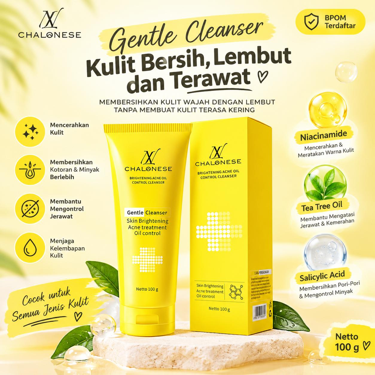 NEW CHALONESE Gentle Cleanser 100g – Brightening Acne Oil Control Facial Wash, Pembersih Wajah Harian untuk Membantu Membersihkan Kotoran, Minyak Berlebih dan Menjaga Kelembapan Kulit