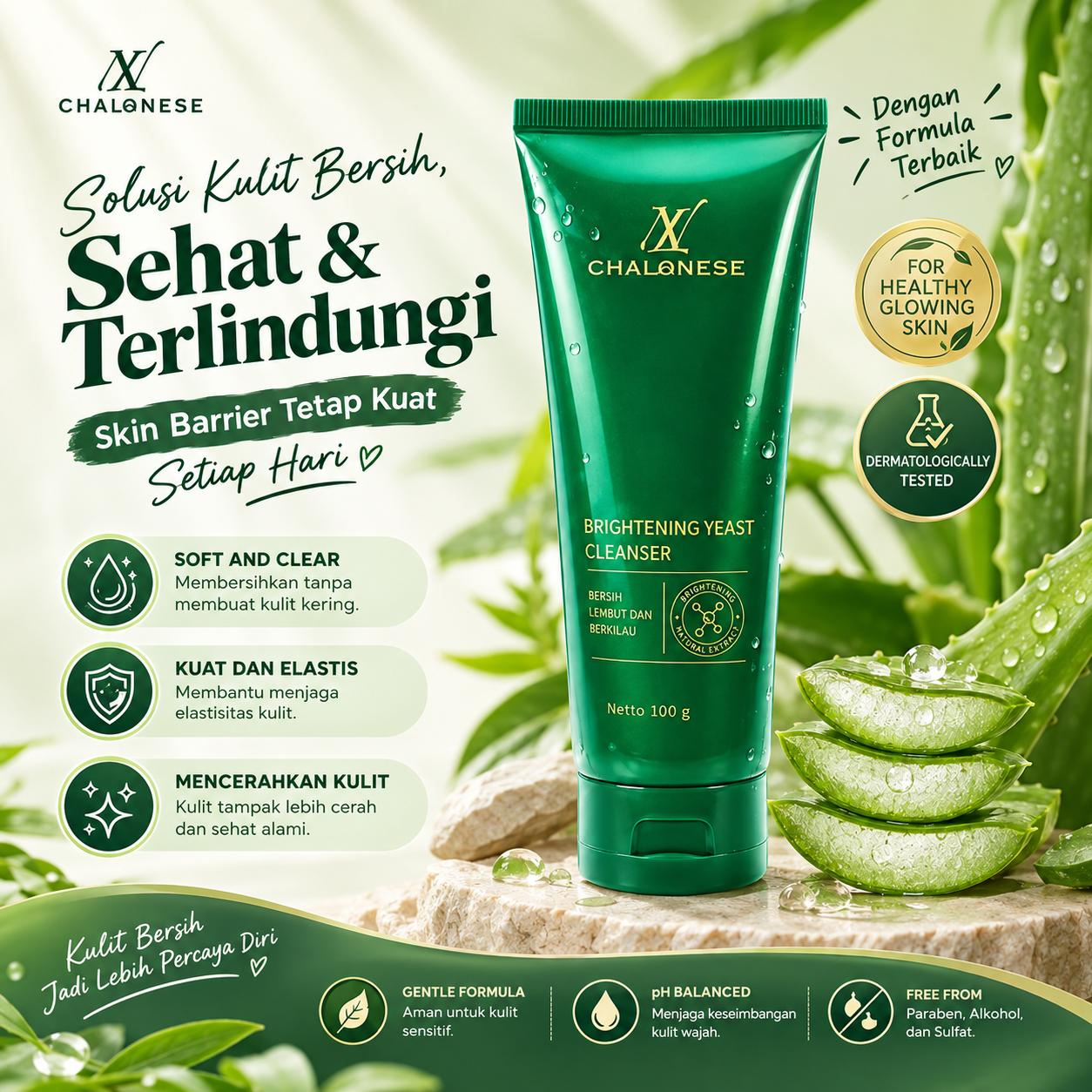Chalonese Brightening Yeast Cleanser Skin Barrier Gel – Pembersih Wajah Lembut untuk Membantu Membersihkan Kotoran, Menjaga Kelembapan, Merawat Skin Barrier, Mencerahkan Kulit, dan Membuat Kulit Tampak Lebih Bersih, Sehat, Lembut Setiap Hari