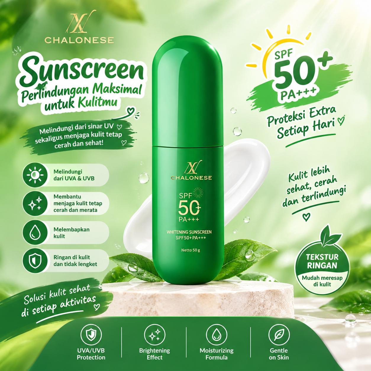 CHALONESE Whitening Sunscreen SPF 50+ PA+++ Sunscreen Wajah untuk Membantu Melindungi Kulit dari Paparan Sinar Matahari UVA UVB dengan Tekstur Ringan dan Nyaman