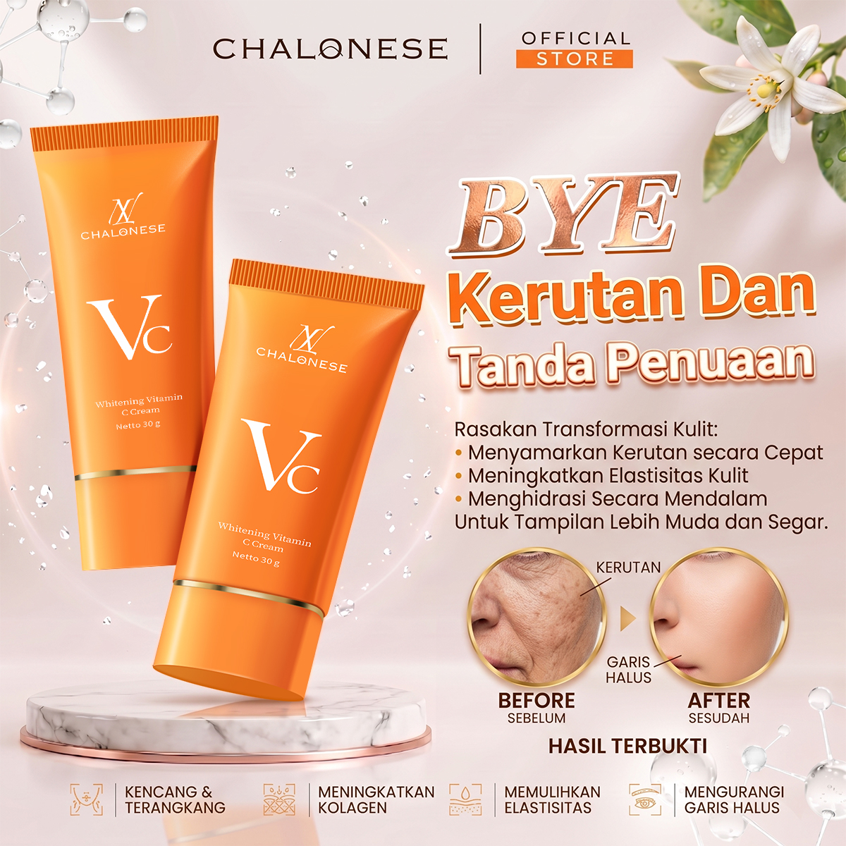 【New Packaging】CREAM VITAMIN C PELEMBAB WAJAH 30gr Dapat Membantu Memudarkan Flex Hitam dan Membuat Wajah Terlihat Lebih Sehat dan Lembab