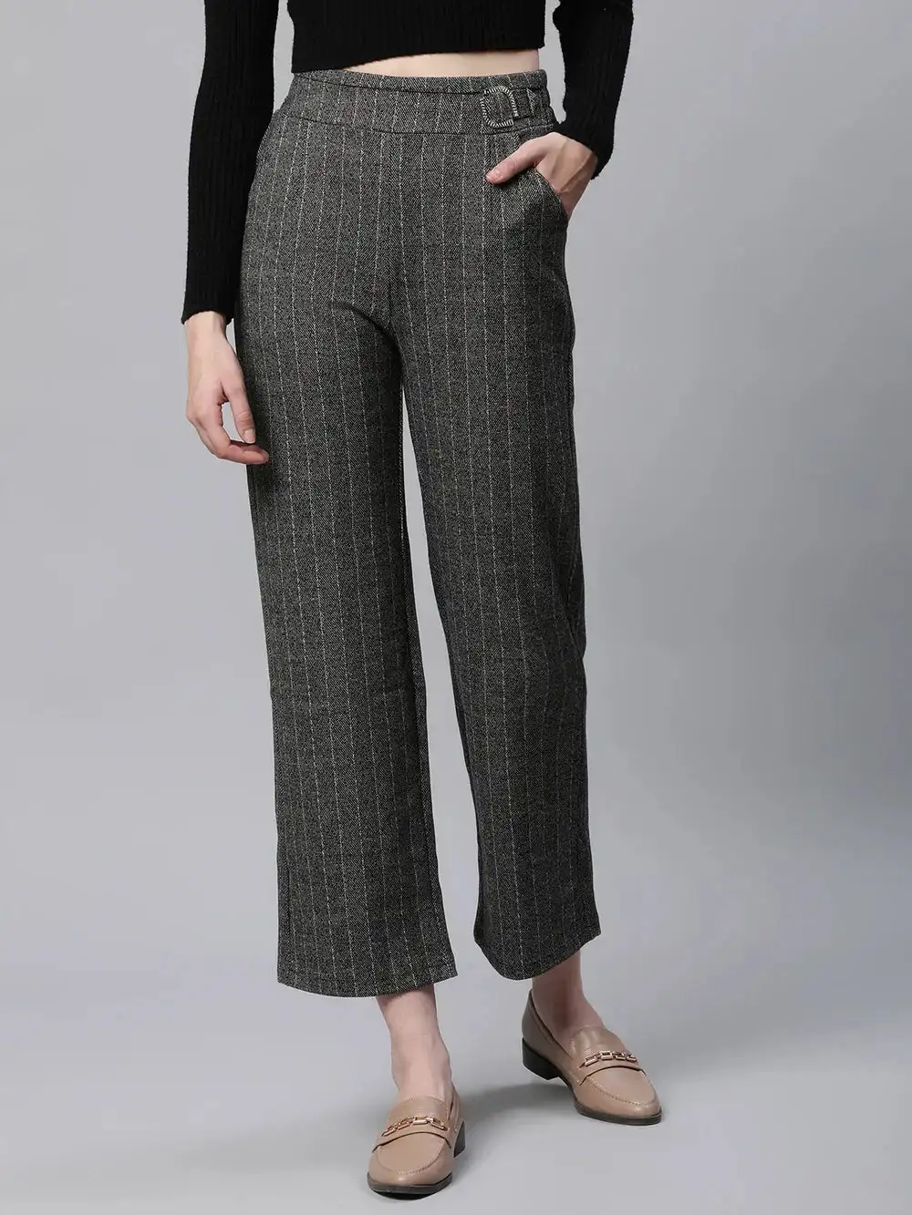 Striped high rise dark grey straight trousers for women, perfect for casual or office wear.