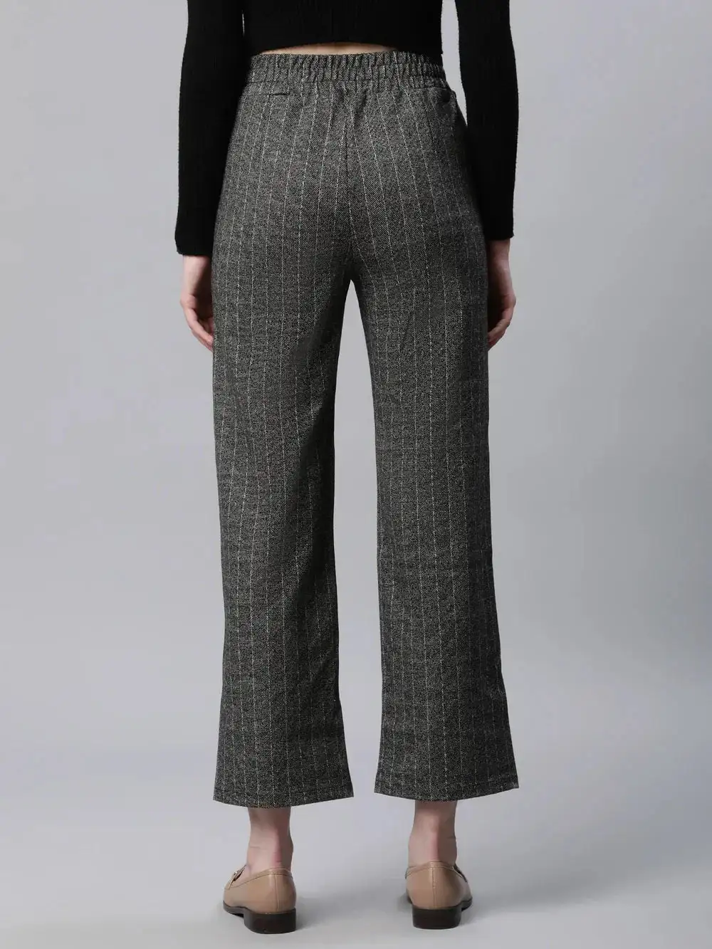 Dark grey striped high rise straight trousers for women, stylish and versatile for casual or formal wear.