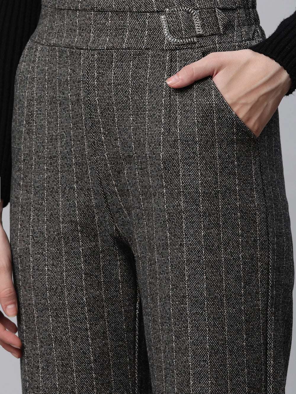 High rise dark grey straight trousers with stripes, perfect for stylish casual or office wear.