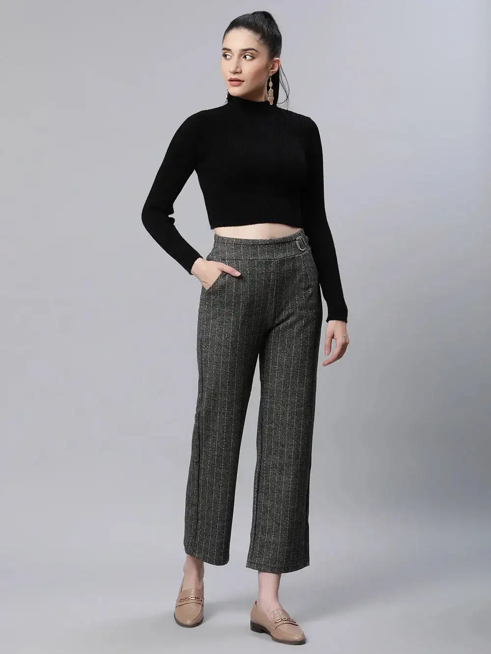 Dark grey striped high rise straight trousers for women, perfect for casual or professional outfits.