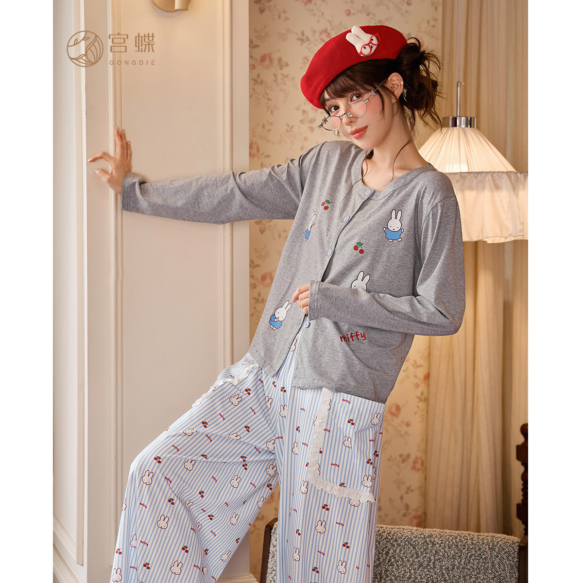 米菲圖案棉質寬褲睡衣｜春秋女款長袖居家套裝－商品圖片 2