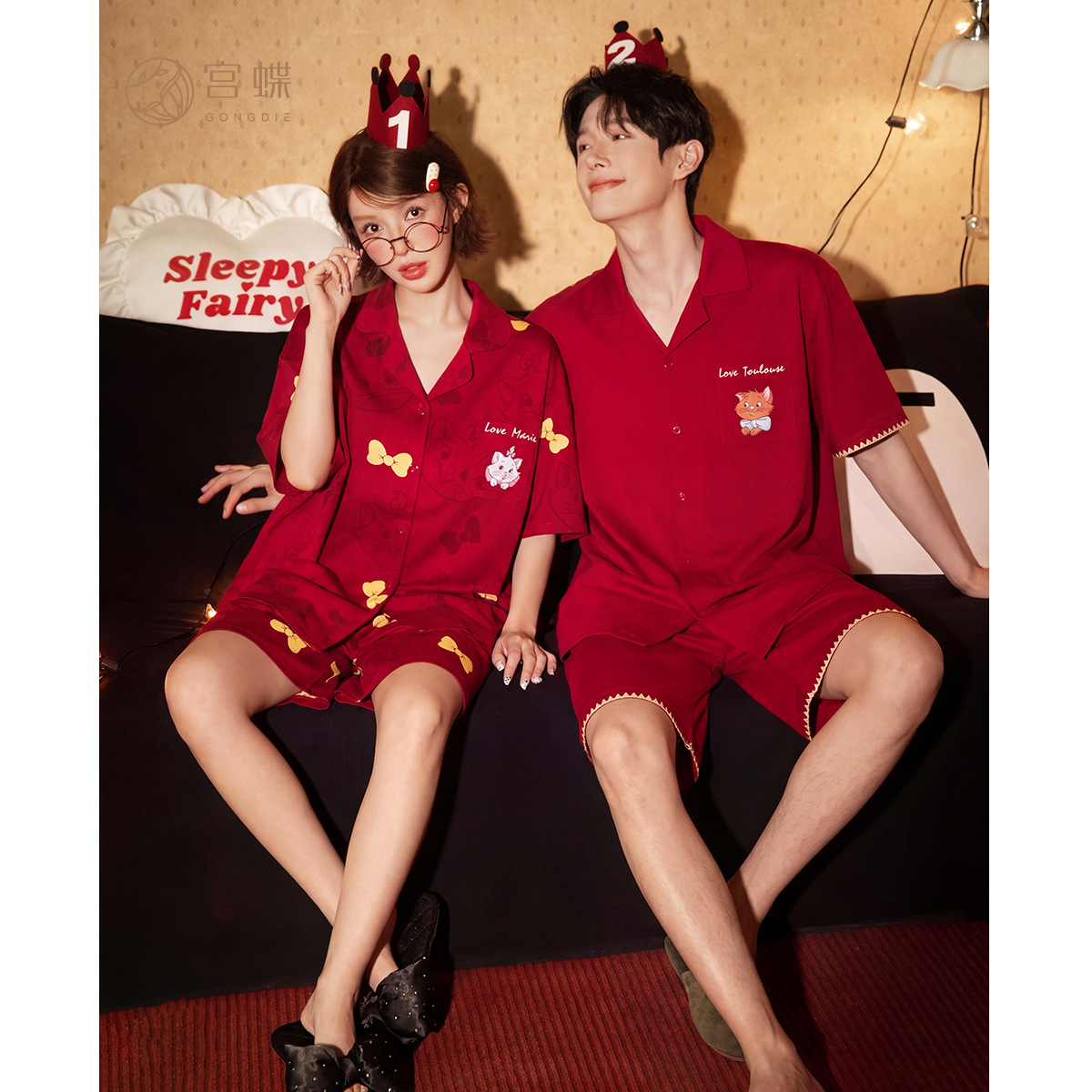 瑪麗貓圖案紅色短袖情侶睡衣｜夏季棉質居家服套裝－商品圖片 1