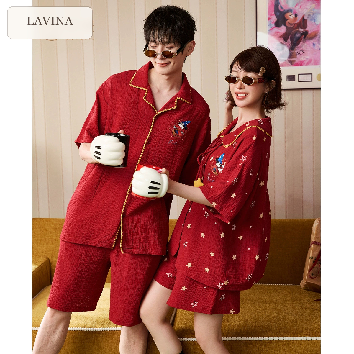 【可外穿】聯名款米奇紅色情侶純棉短袖居家服 圖片 3