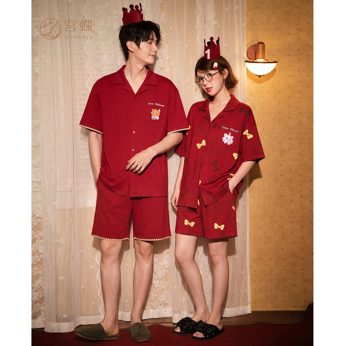 瑪麗貓圖案紅色短袖情侶睡衣｜夏季棉質居家服套裝－商品圖片 2