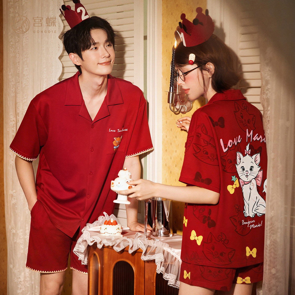 瑪麗貓圖案紅色短袖情侶睡衣｜夏季棉質居家服套裝－商品圖片 4
