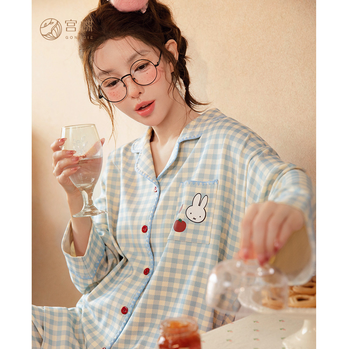 米菲圖案格紋純棉長袖睡衣｜春秋女款居家套裝－商品圖片 4