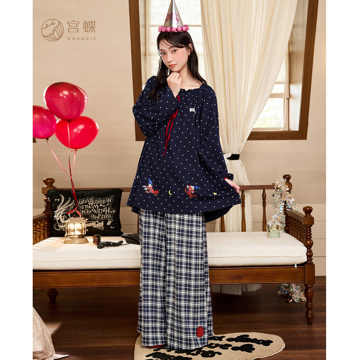 米奇聯名純棉波點睡衣｜格紋闊腿褲秋季居家服－商品圖片 2