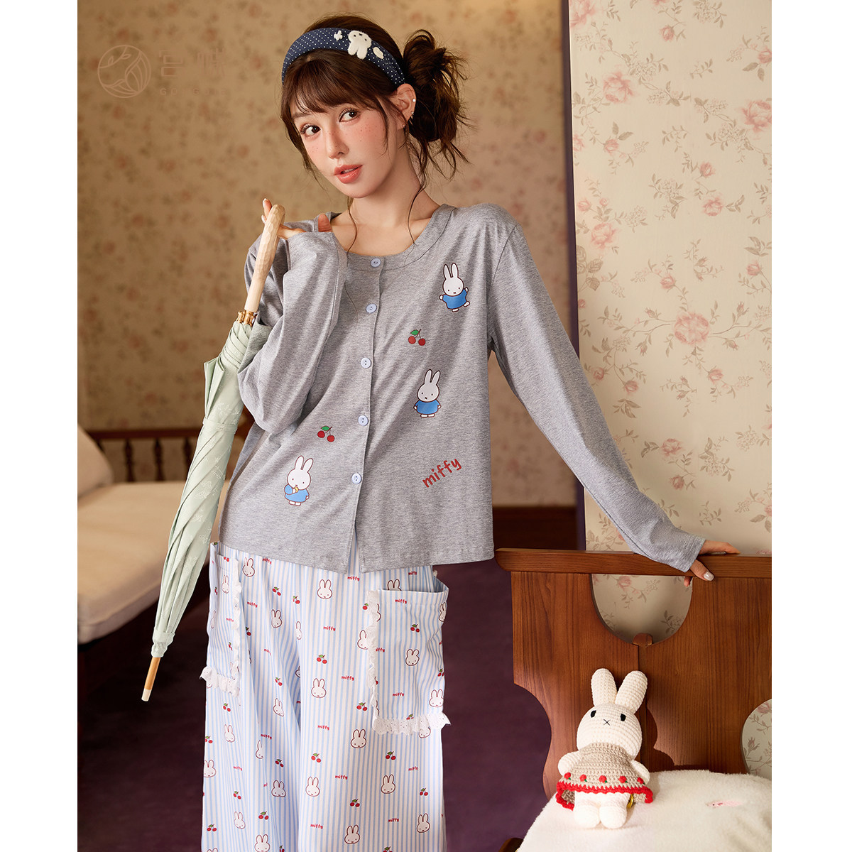 米菲圖案棉質寬褲睡衣｜春秋女款長袖居家套裝－商品圖片 5