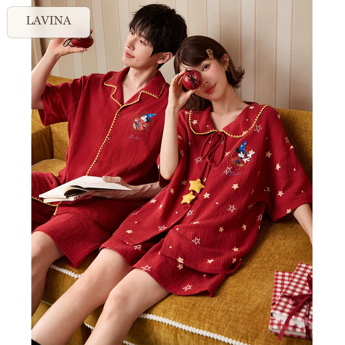 【可外穿】聯名款米奇紅色情侶純棉短袖居家服 圖片 1