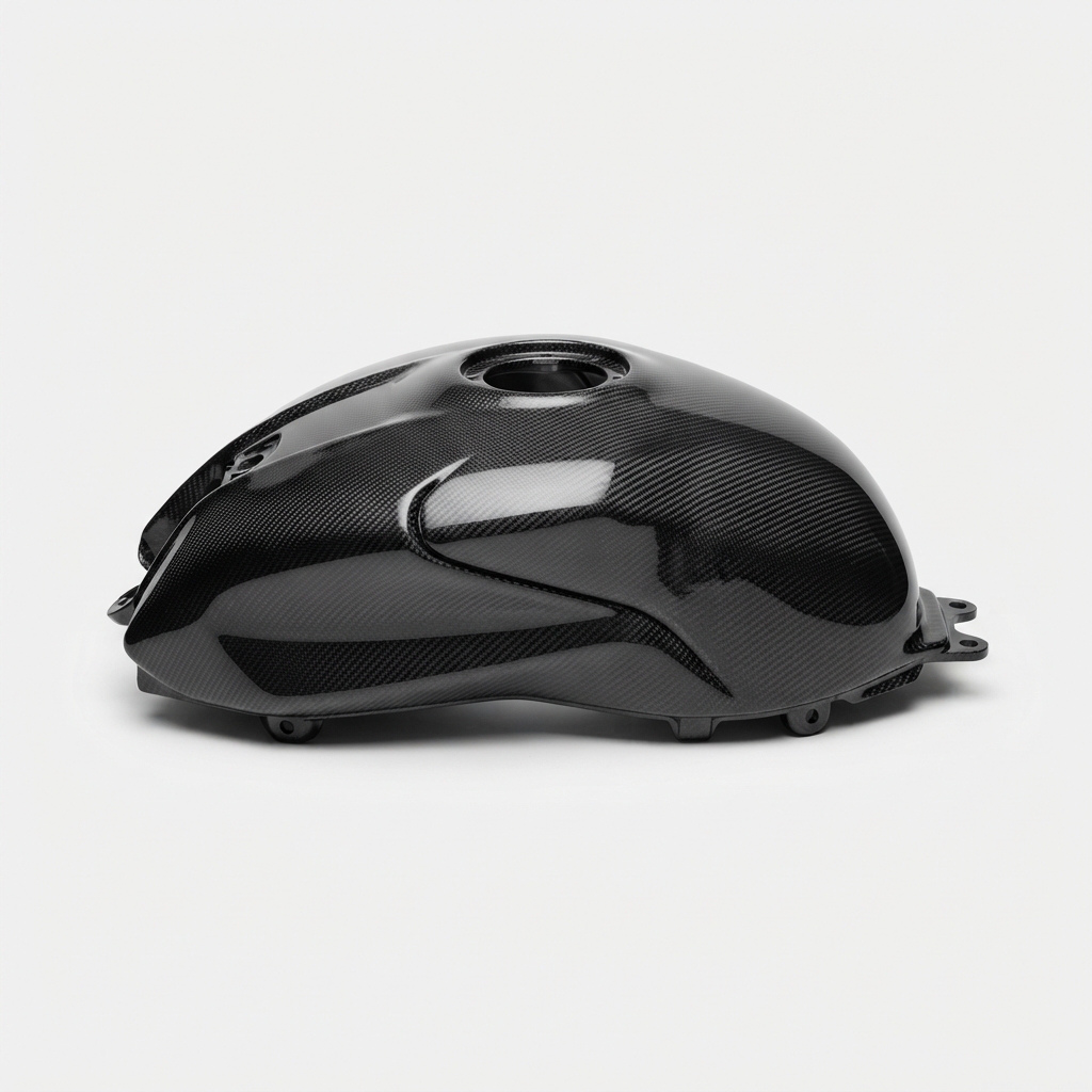 Black carbon fiber motorcycle fuel tank cover on matte off-white background