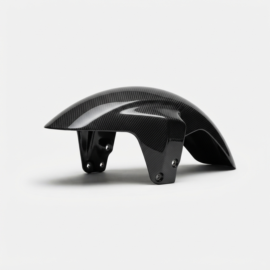 Black carbon fiber motorcycle front fender on matte off-white background