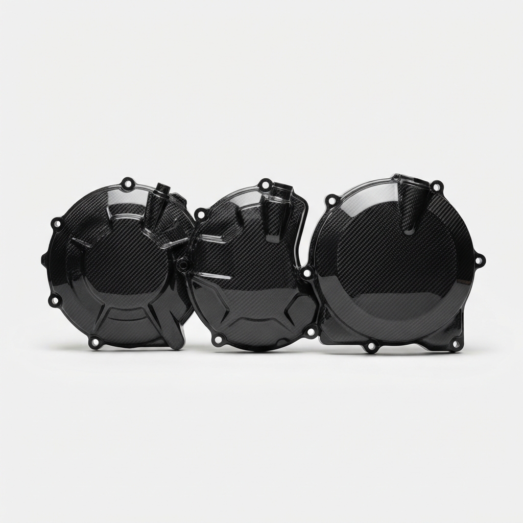 Black carbon fiber motorcycle engine cover set on matte off-white background