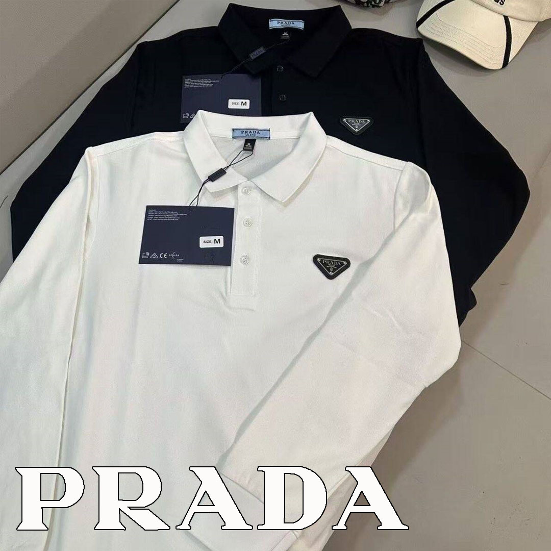 大人気 PRADA◆コットンピケ  長袖 ポロシャツ ゴルフウェア ロゴ