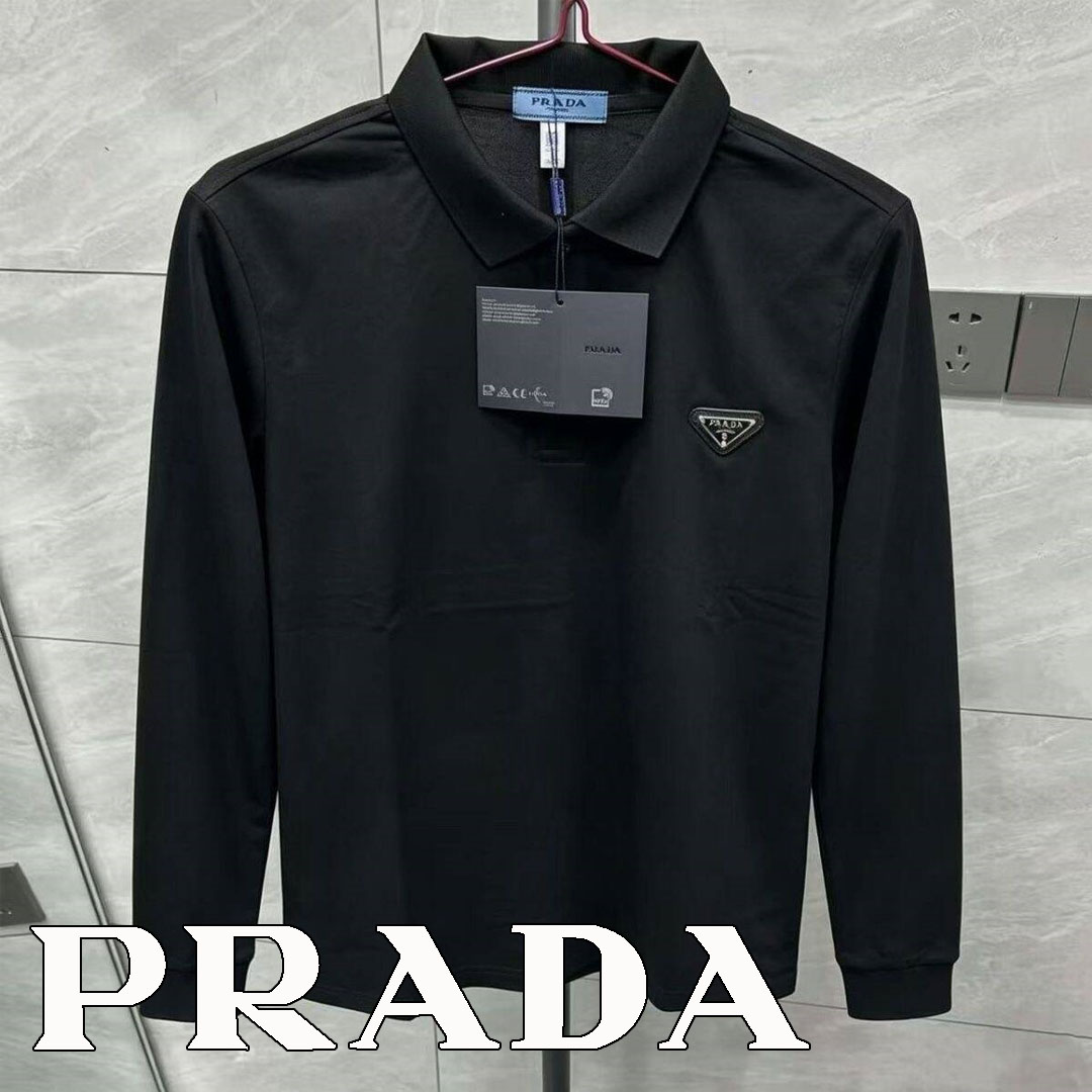 大人気 PRADA◆コットンピケ  長袖 ポロシャツ ゴルフウェア ロゴ