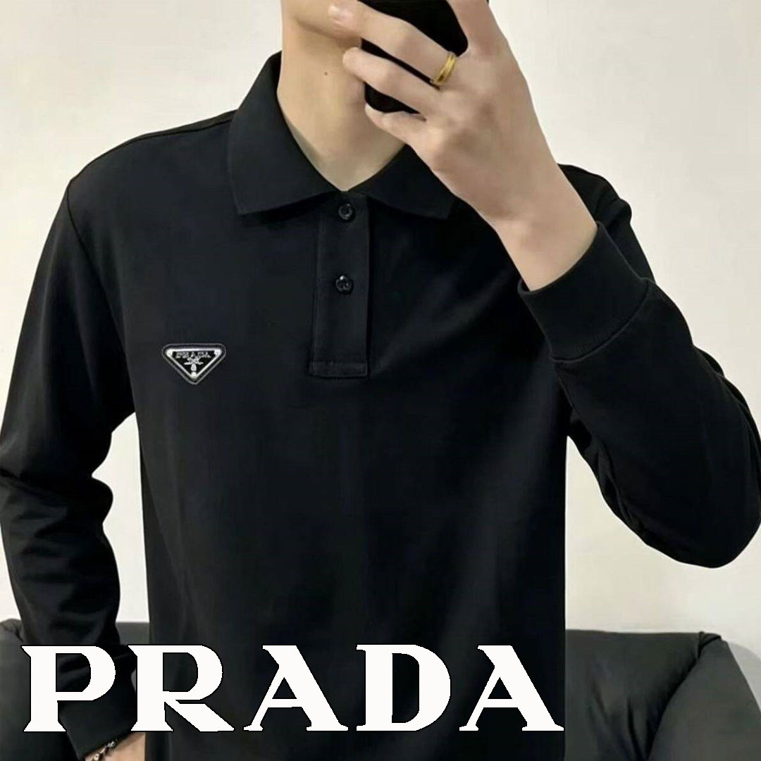 大人気 PRADA◆コットンピケ  長袖 ポロシャツ ゴルフウェア ロゴ