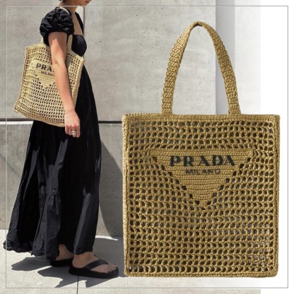 【大人気】PRADA◆ラフィア メッシュ編み トートバッグ ロゴ付き