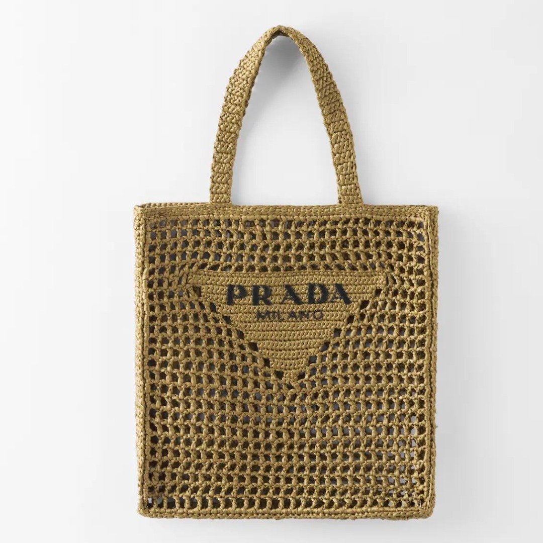 【大人気】PRADA◆ラフィア メッシュ編み トートバッグ ロゴ付き