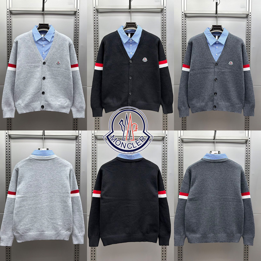 MONCLERV ネック ニットカーディガン メンズ 袖トリコロールライン ロゴワッペン 3 カラー