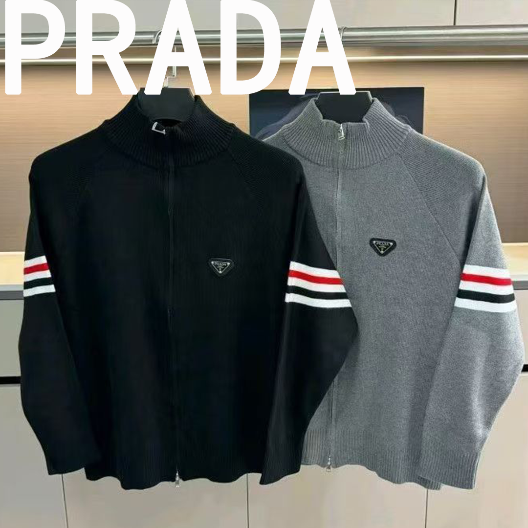 PRADAハイネック ジップアップニット メンズ 袖ライン 三角ロゴ 2 カラー