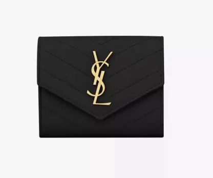 MONOGRAMブラックキルトレザー短い三つ折り財布をテクスチャ