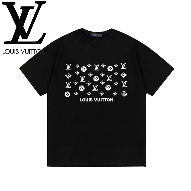 LOUIS VUITTON ルイ・ヴィトン ロゴ、クラシックパターン、サッカー柄プリント ユニセックス 半袖Tシャツ（ブラック/ホワイト）