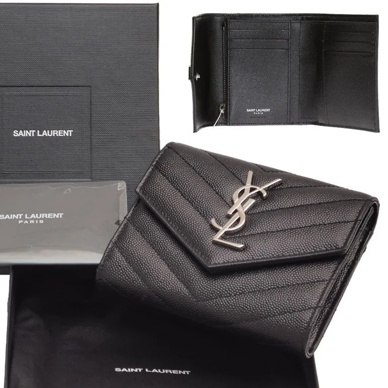 【SAINT LAURENT】モノグラム マルチフォールドウォレット（グレイン・ド・プードル／エンボスレザー）