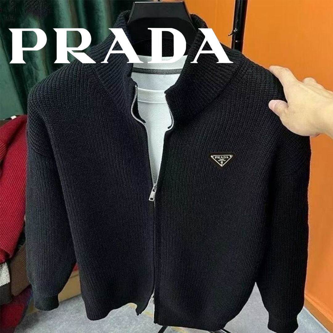 PRADA 新作トライアングルロゴ スタンドカラーニットカーディガン メンズ 保温でおしゃれ