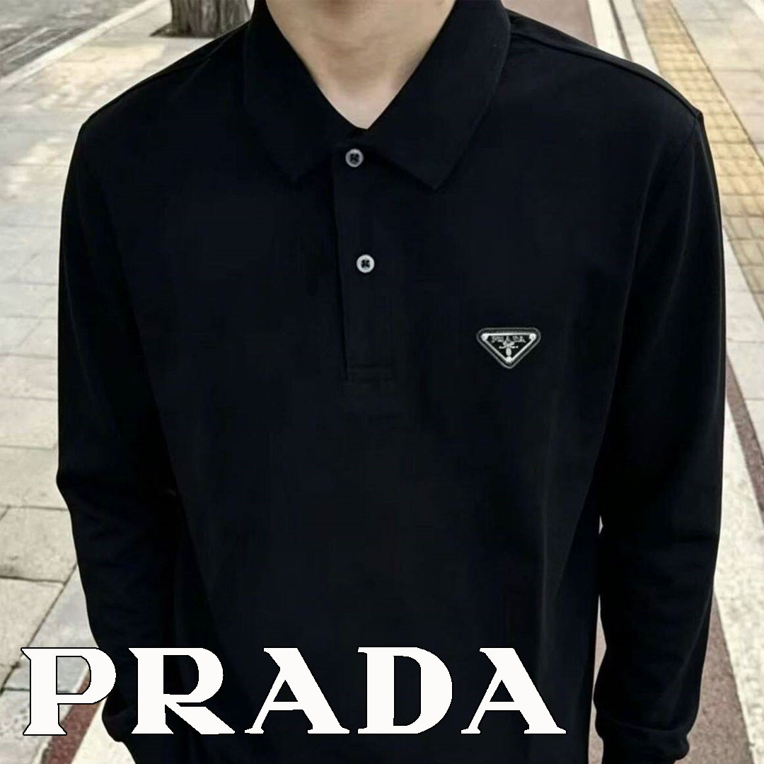 大人気 PRADA◆コットンピケ  長袖 ポロシャツ ゴルフウェア ロゴ