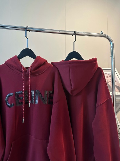 CELINE 25ss新しいスパンコール バーガンディ ベルベット フード付きスウェットシャツ