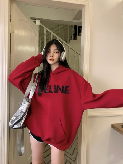 CELINE 25ss新しいスパンコール バーガンディ ベルベット フード付きスウェットシャツ
