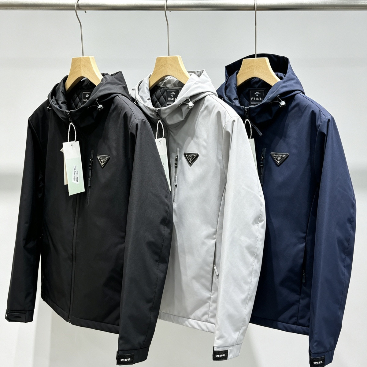 【限定在庫】PRADA 三角プレートロゴ 薄中綿パーカージャケット 3 色展開 冬のカジュアルアウタ