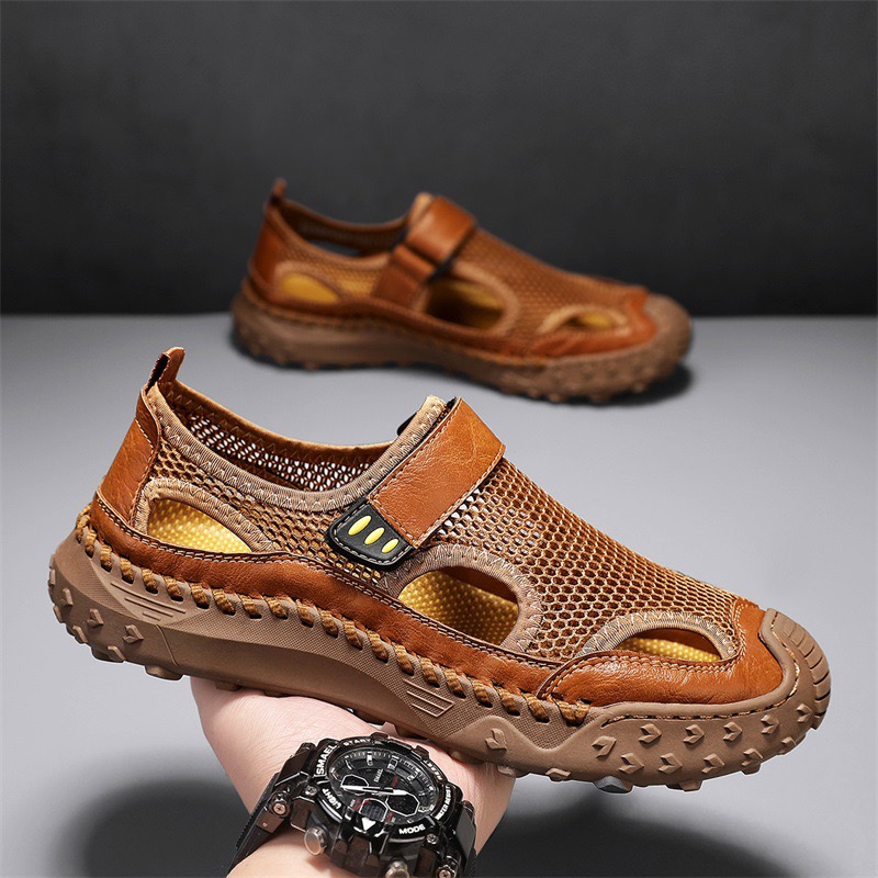 GARB mens Handmade Cowhide Breathable Mesh Sandals