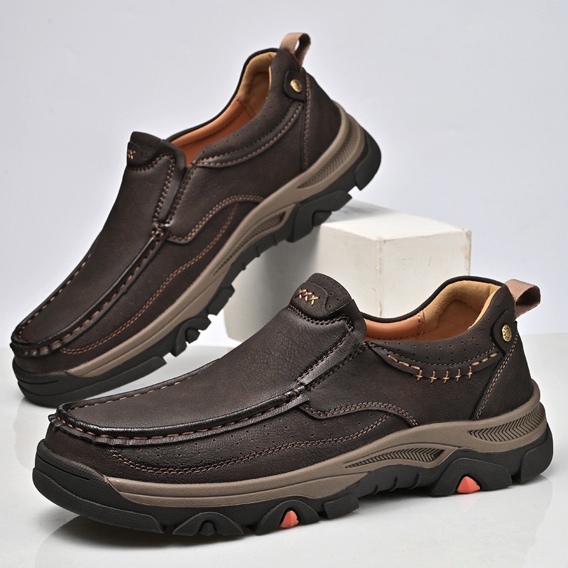 Men Genuine Leather Outdoor Slip-On Loafers with Arch Support & Wide Toe Box