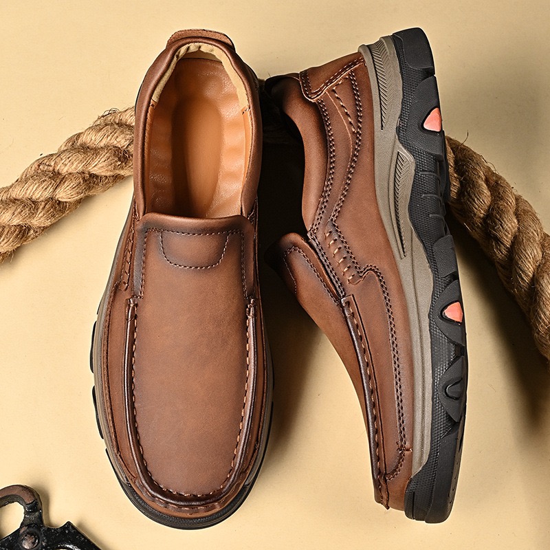 Mens Handmade Genuine Leather No-glue Orthopedic Outdoor Loafers