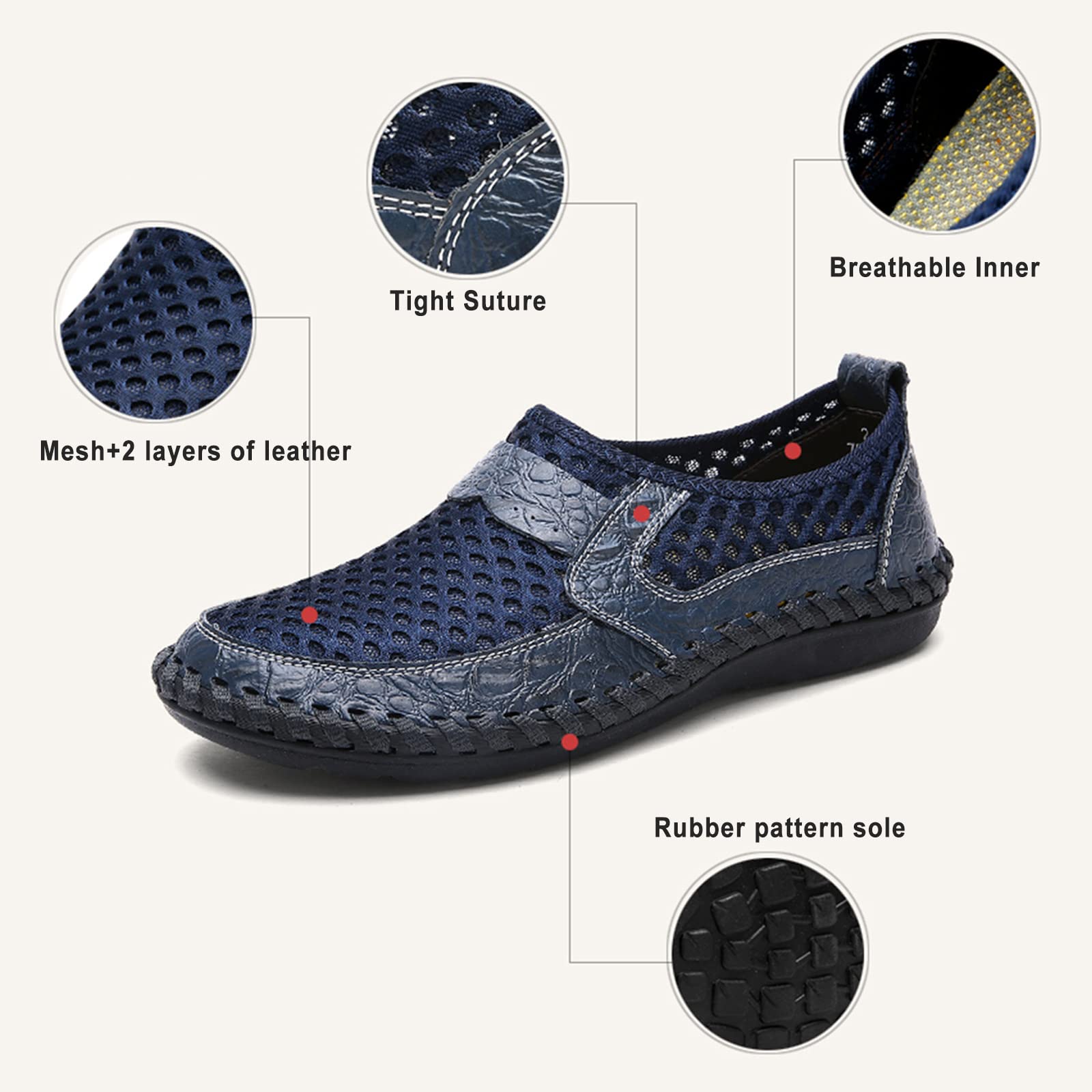 GARB Men's handmade genuine leather mesh breathable slip-on shoes