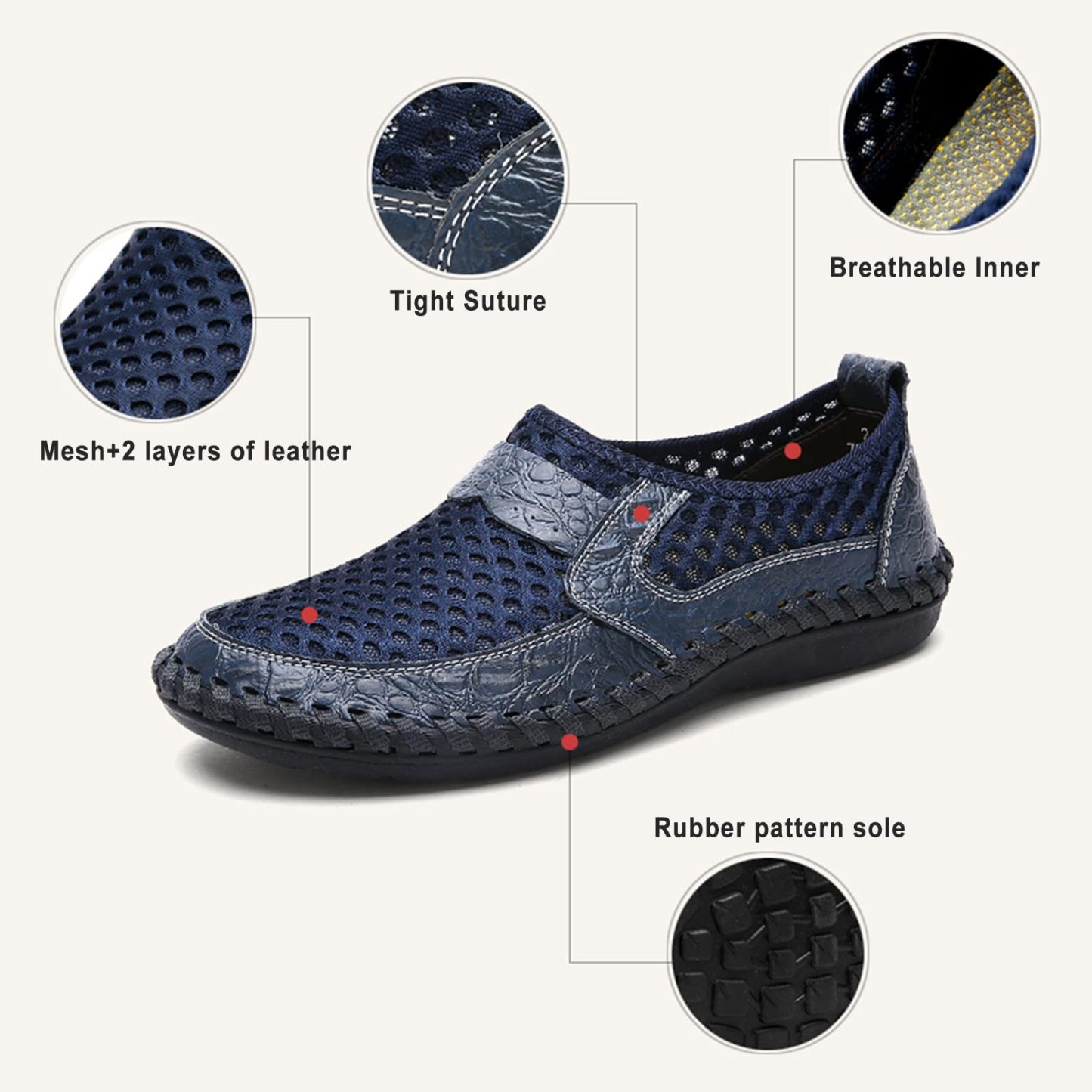 GARB Men's handmade genuine leather mesh breathable slip-on shoes