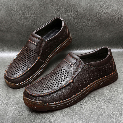 Men's handmade cowhide hollow breathable loafers