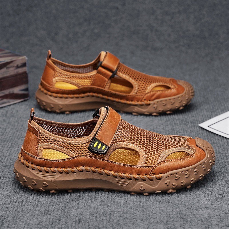 GARB mens Handmade Cowhide Breathable Mesh Sandals