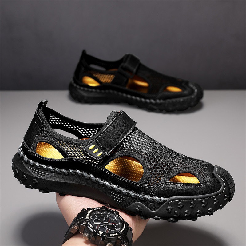GARB mens Handmade Cowhide Breathable Mesh Sandals