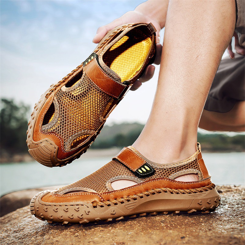 GARB mens Handmade Cowhide Breathable Mesh Sandals