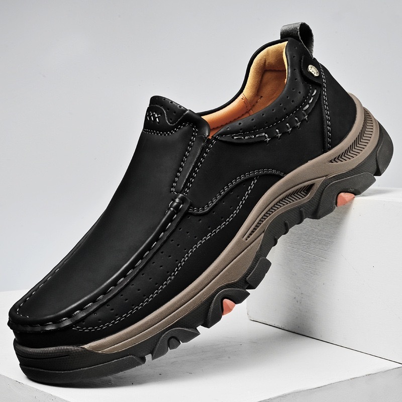 Men Genuine Leather Outdoor Slip-On Loafers with Arch Support & Wide Toe Box