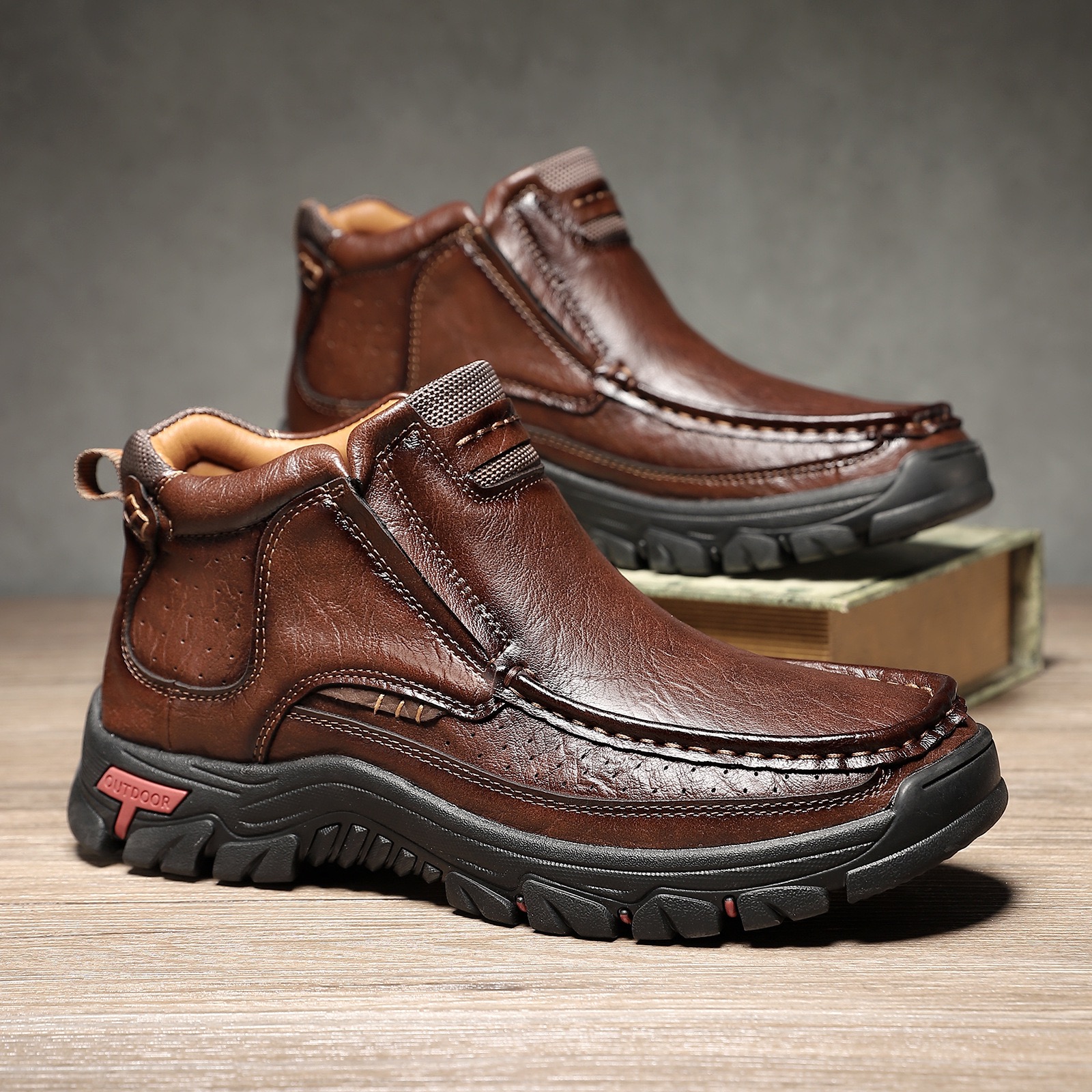 TREADVALE®Men’s Outdoor Hand Sewn Slip-On Full Grain Leather Boots