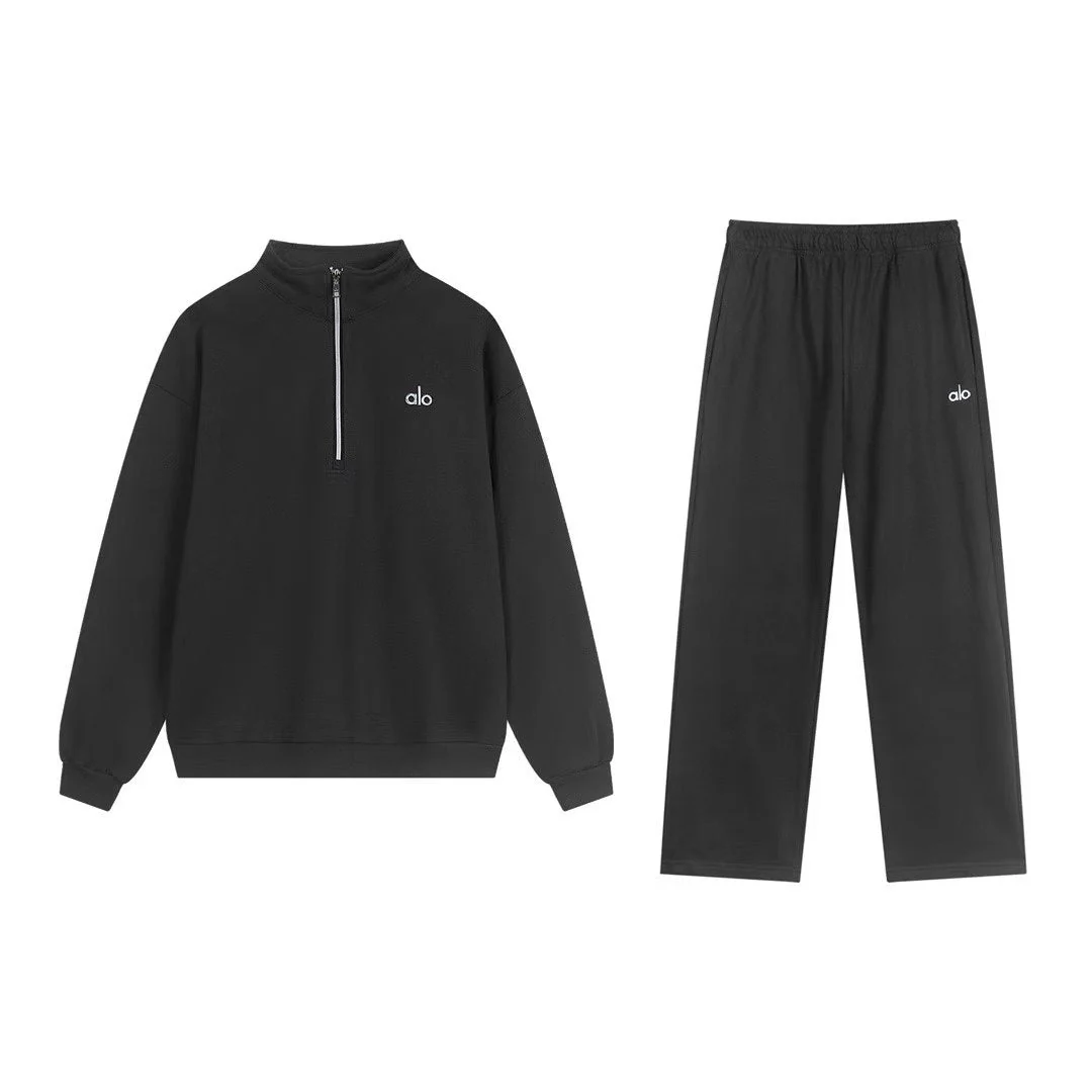 alo ロゴ入りセットアップ｜ハーフジップトップス＆ストレートパンツ 上下2点セット・全2色
